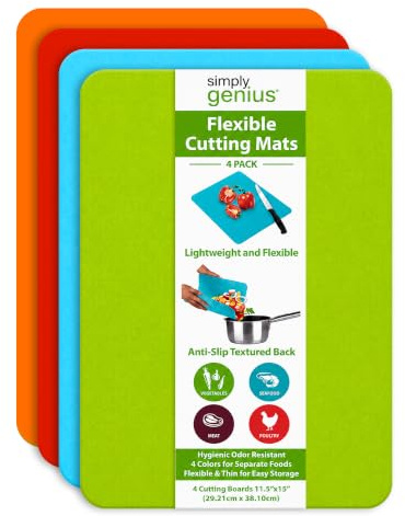 Simply Genius Schneidebretter für die Küchenvorbereitung (4 Stück), extra dick, groß, 29.2x38.1 cm, rutschfest, flexibel, spülmaschinenfest, BPA-frei, Kunststoff-Schneidematten für Fleisch und Gemüse