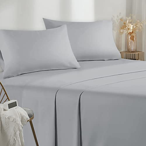 Poligino Bettwäsche für Doppelbett 160 – 4-teiliges Bettwäsche-Set aus Mikrofaser – Spannbettlaken – Oberlaken – 2 Kissenbezüge 50 x 80 cm – Doppelbett 160 x 190/200 cm Hellgrau