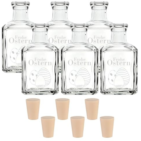 gouveo 6er Set Glasflaschen 250 ml Cube mit Gravur Frohe Ostern III und Korken (PEK) - Kleine Flaschen für Ostern - Leere Flaschen zum Befüllen und Verschenken