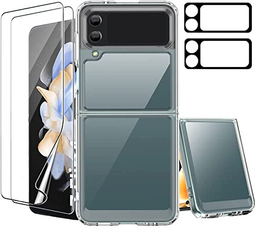 Miimall [2 + 2 + 1 Pièces [Film + Coque] pour Z Flip 4, Verre Trempé 9H pour Écran de Caméra Arrière + HD en TPU Souple Protecteur d'écran Avant + Transparent Coque pour Samsung Galaxy Z Flip 4
