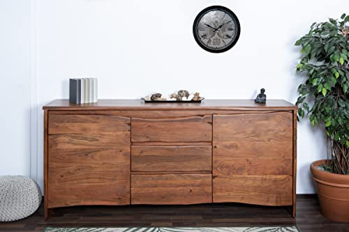 SAM Sideboard Dahlia II, Akazienholz massiv & nussbaumfarben, Kommode mit 2 Türen und 3 Schubladen, echte Baumkante, 200 x 45 x 90 cm
