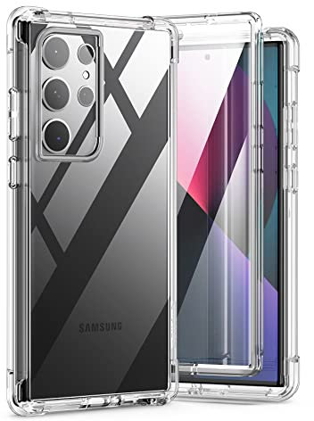 SURITCH Kompatibel mit Samsung S23 Ultra Hülle Schutzhülle 360° Stoßfest Transparent Front Und Rückenschutz Handyhülle TPU Bumper Eingebautem Displayschutz für Samsung Galaxy S23 Ultra-Transparent