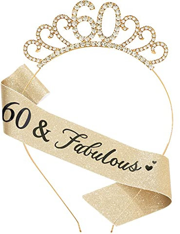 MIOSJI 60th Birthday Sash and Crystal Tiara Birthday Crown for 60th Birthday Decorations Women 60th Birthday Gift Party Accessories (Gold)