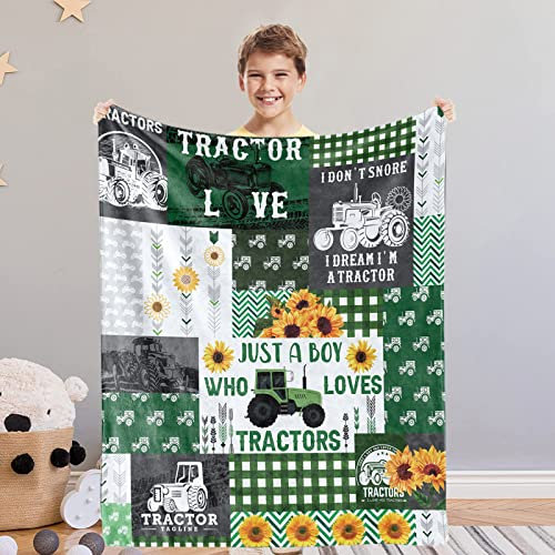 Just a Boy Who Loves Traktordecke, grüne Traktor-Überwurfdecken für Jungen, Kinder, Bauernhof, LKW, Decke, warm, leicht, Flanell-Fleecedecke für alle Jahreszeiten, Couch, Sofa, 101 x 127 cm