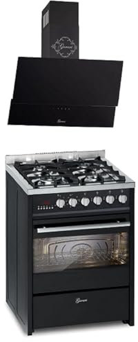 GURARI GCH E 610 BL+GCH 268 BL 6 PRIME Gas-Standherd 60 cm Gasherd mit Elektrobackofen 60 L, Range Coocker mit Dunstabzugshaube 60 cm, Schwarz Glas,1000m³/h
