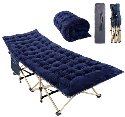 REDCAMP Folding Camping Beds for adults, Heavy Duty Sturdy Camp Bed with Mattress, Stronge Thicker Tubes Sleeping Cot Outdoor Travel Office (Navy Blue Camping Bed+Blue Mattress Thicker)