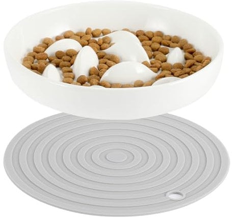 HAPPY HACHI Gamelle Anti Glouton Chat Céramique avec Tapis Antidérapante, Bol pour Chat Petit Chien Anti Glouton Gamelle Nourriture Manger Lent Réduit Le Vomissements et Ballonnement(Blanc)