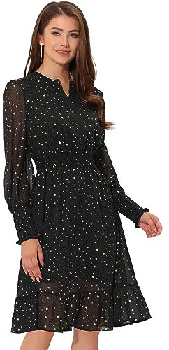 Allegra K Damen Midikleid V-Ausschnitt Metallic-Stern Gesmokt Chiffon Kleid Schwarz L