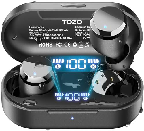 TOZO T12 Bluetooth Kopfhörer, Kabellos Bluetooth 5.3, In Ear Kopfhörer mit ENC-Anrufgeräuschunterdrückung, 55 Std Spielzeit, LED-Anzeige, IPX8 Wasserdicht, App Steuerung - Schwarz