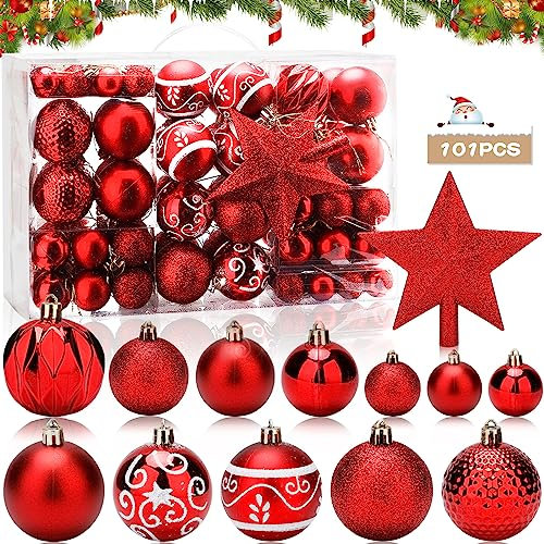 POWZOO 101 Stück Weihnachtskugel Ornamente,mit Baumspitze Stern,Christbaumkugeln Kunststoff Weihnachtsbaum Bälle Dekorationen Boxed Set Weihnachtsdeko,für Hochzeit Party Festival,Rot