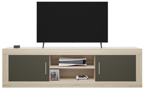 Homey - Mueble de TV Moderno Modelo Omabella, 2 Compartimentos de Almacenamiento y 2 Puertas, Color Cambria - Grafito, Medidas: 50cm (Alto) x 180cm (Ancho) x 41,4cm (Fondo)