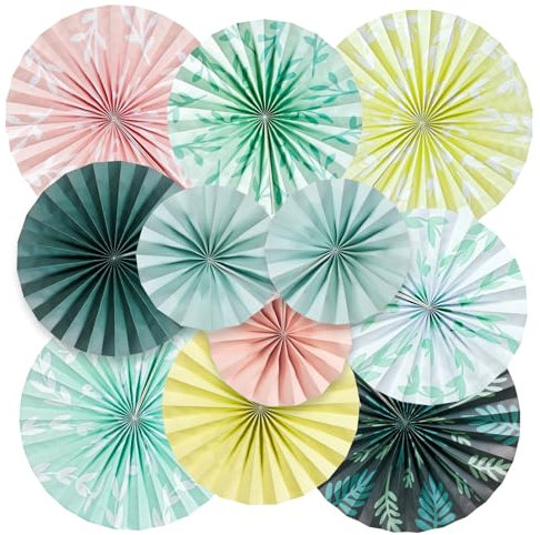 SUNBEAUTY 11er Set Papier Fächer Dekoration Hanging Party Dunkelgrün Gelblich Papierfächer Rosa Salbeigrün Party Deko Set für Geburtstag Hochzeit Tischdeko Backdrop Garland