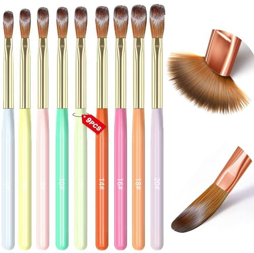MAGIC ARMOR Lot de 9 pinceaux en acrylique pour ongles, tailles 4/6/8/10/12/14/16/18/20 pinceaux acryliques pour poudre acrylique et liquide acrylique, pinceau à ongles pour ongles en acrylique, nail