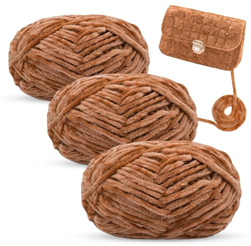 LEREATI Ciniglia Gomitoli per Uncinetto 3x100g Grossa Filato per Borse Uncinetto, Gomitolo di Lana Ciniglia, Cordino per Cappelli, Coperte, Sciarpe (Cachi)