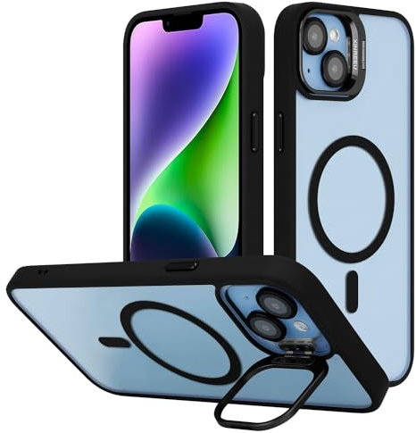 Cadorabo Hülle kompatibel mit Apple iPhone 14 in SCHWARZ [Kompatibel mit MagSafe] Hybrid Matt Design Standfunktion Magnetisch Stoßfest Anti Rutsch Slim Kratzfest Schutz Case in Schwarz