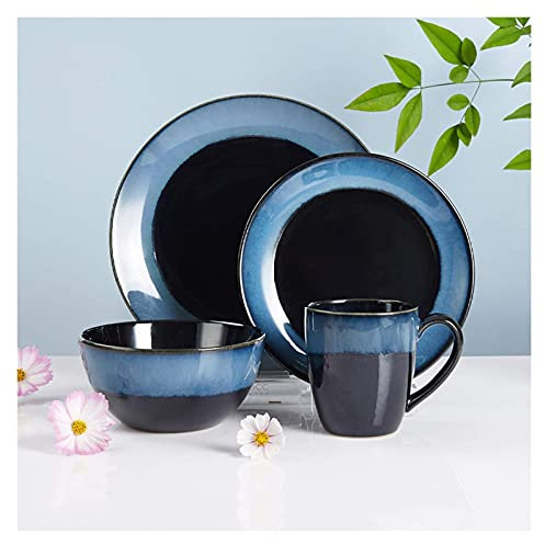 Platos llanos Juegos de platos y tazones para el hogar Juegos de platos llanos de cerámica duraderos Vajilla azul Juego de 4, platos llanos, platos de ensalada y taza Platos llanos pequeños