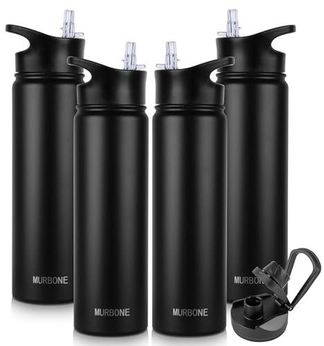 MURBONE Edelstahl Trinkflasche 750ml (+2 Deckel)-mit Strohhalm,BPA frei,Thermosflasche Auslaufsicher,Kohlensäure Geeignet,Thermoskanne Vakuum Doppelwandisolierung für Sport, Reisen, Camping(4er Set)