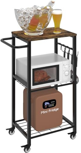 Sungaryard 3-Tier Rolling Kitchen Cart Microwave Stand on Wheel, Movable Coffee Bar Cart with Metal Handle, Bakers Rack with 8 Hooks Utility Cart for Living Room, Bedroom, Bathroom, Office, Black