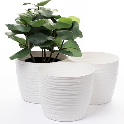 Home Garden Ornaments VITO Plant Pots Indoor, Set of 3 Indoor Plant Pot with 3D Effect, No Drainage Holes, Plastic Flower Pots (Diameter: 17cm, Colour: White)