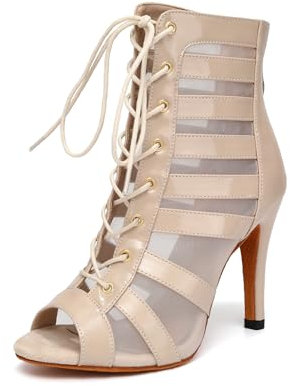 YCALCP Stivali da Ballo Latino Americano Donna con Punta Aperta Stivaletti da Ballo con Lacci con Tacco Alto,DS-K400-QP-Beige,Tacco 9.5cm,Scamosciato,EU 36