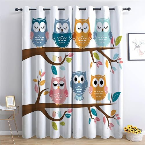 CozyRest Blickdichte Vorhänge ösen 2er Set Niedliche Eule Muster Gardine Lichtundurchlässig Fenstervorhang Wohnzimmer Schlafzimmer H 215 x B 110 cm