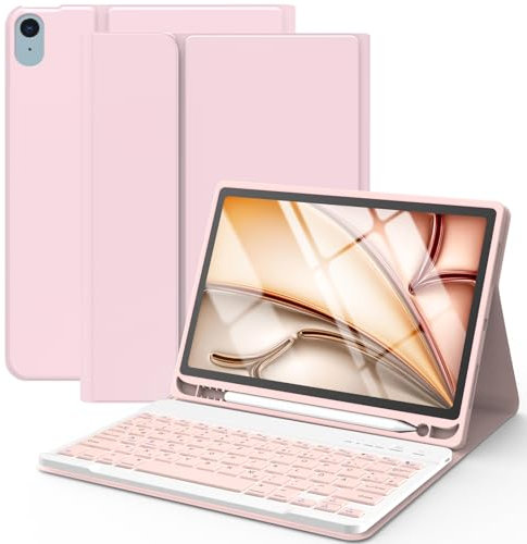 Tastatur Hülle für iPad Air 11(M2) 2024/iPad Air 5 Gen 2022/iPad Air 4 Gen 2020 10.9'', Schutzhülle mit Stifthalter & Auto Wake and Sleep, Kabellose Tastatur für iPad Pro 11 1st Gen 2018(Rosa)