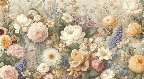 UNIK Nordic Vliestapete, BxH 450x280 cm, Vintage Blumen, Tapete Blumenwand, Fototapete Blumen Rose Aquarell, XXL Pfingstrosen Päonie in dunklen Pastell Farben, Blumentapete Made in Germany