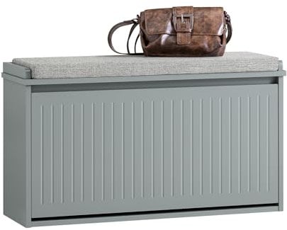 SoBuy Schuhschrank Schuhbank mit Sitzfläche, Schuhregal mit Stauraum, Klappe, Sitzkissen, bis 155 kg belastbar, für Flur, Wohnzimmer, 80x45x26 cm, Hellgrau FSR98-L-HG