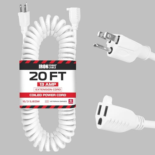 Iron Forge Cable 16 Gauge White Coiled Extension Cord, 20 Ft - 3 Prong