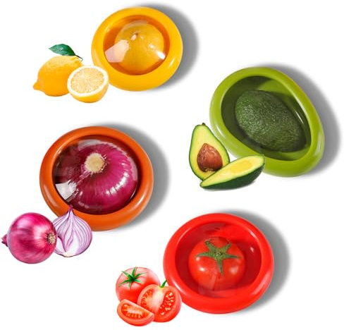 TOWODE Silicone Fruit Vegetable Storage Box, Saver and Tomato Holder - Set of 4 Reusable Stretch Storage Containers for Fridge - Ideal for Garlic, Onions, Lemons, and Potatoes