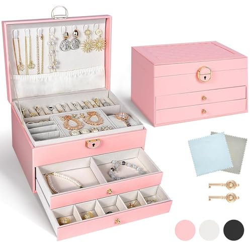 YRZFOOLYR Schmuckkästchen für Frauen, 3-Schicht-Schmuck-Organizer mit 2 Schlüsseln & Reinigungstuch, weiches Futter Schmuck Aufbewahrungsbehälter PU-Leder mit abnehmbarem Tablett (Rosa)