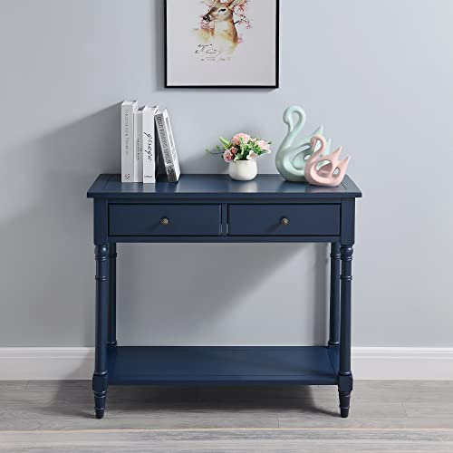 PADMA HOUSE Solid Wood Console Entry Table with 2 Drawers, Accent Sofa Table with Storage Shelf, Narrow Entryway Hall Table for Living Room Office Easy Assembly 90 * 35 * 76.5 cm (Blue)