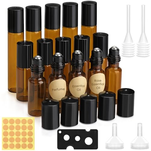 MELLIEX 15 Stück Roll on Glasflaschen für Ätherisches Öl, Braune Flasche Leer 10/5ml Rollon Flaschen für Öle mit Edelstahl-Roller Ball für Aromatherapie Gemische Massage