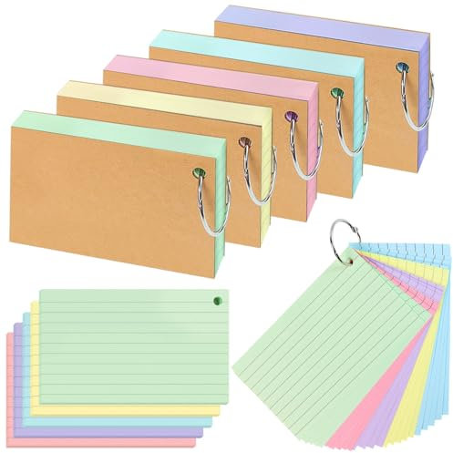 Farbige Karteikarten, 7,6 x 12,7 cm, mit Ring, liniert auf beiden Seiten, farbige Notizkarten für Studium, Studium, Büro, 250 Stück