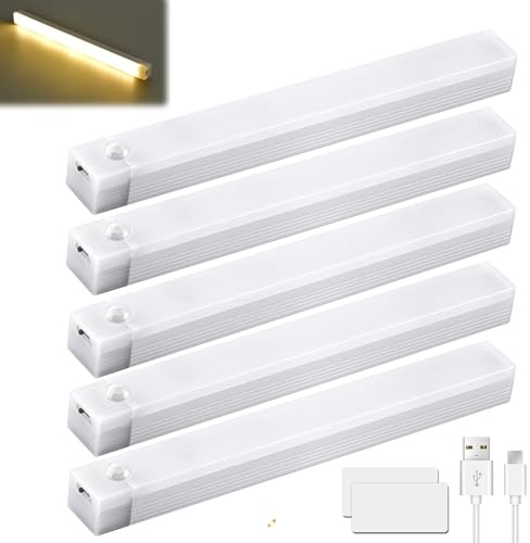 Unterbauleuchte Küche LED 20CM, 5 Stück Schrankbeleuchtung Kabellos mit Bewegungsmelder, USB Wiederaufladbar Schrankleuchte mit 3 Farbtemperaturen Dimmbar, Schranklicht Lichtleiste für Küche, Schrank