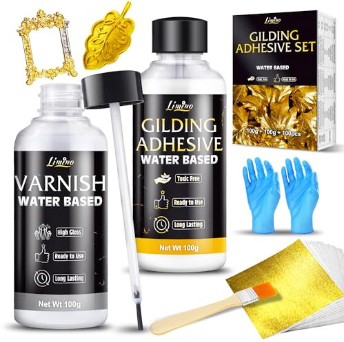 Gold Leaf Gilding Adhesive Kit - 100g Water Based Glue and 100g Varnish with Brush, Gold Foil Sheets 100 pcs, Gilding Glue Set for Foil Arts, Crafts, Painting, Furniture and Decoration