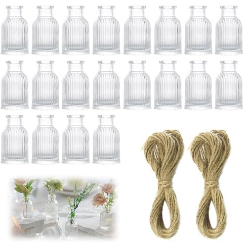 KBIBCK 20PCS Glass Bud Vases, Mini Bud Vases for Flowers, Small Glass FlowerVases with Jute Twine, SmallVases for Table Decoration, Wedding Decor, Recepetion, Home, Housewarming Gift (Clear)