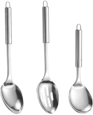 3 in 1 Edelstahl Kochlöffel Set| Profiküche Küchenhelfer Set aus rostfreiem Edelstahl | Spülmaschinengeeignet mit Aufhänger