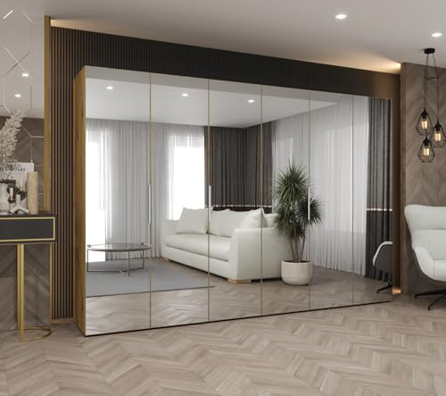 MEBLE KRYSPOL - Kleiderschrank mit Spiegel - Drehtürenschrank - Schrank 300x202x52cm - Garderobenschrank Schlafzimmer, Flur, Jugendzimmer - Farbe Artisan Eiche, Griff Kaschmir - Marbella 3 300
