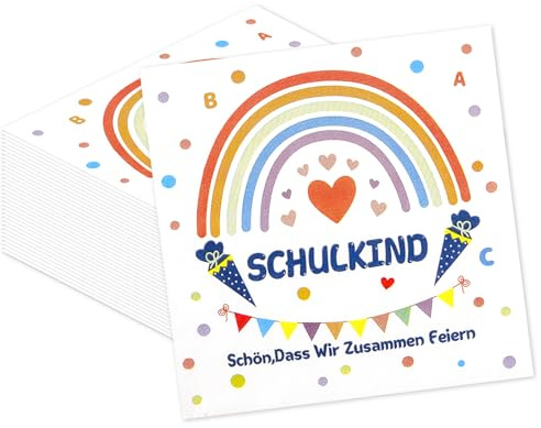 50 Stück Servietten Einschulung Schulkind Deko, 33 x 33 cm –Regenbogen Einschulung Deko Schulkind 2026 Mädchen Junge, Tischdeko Einschulung