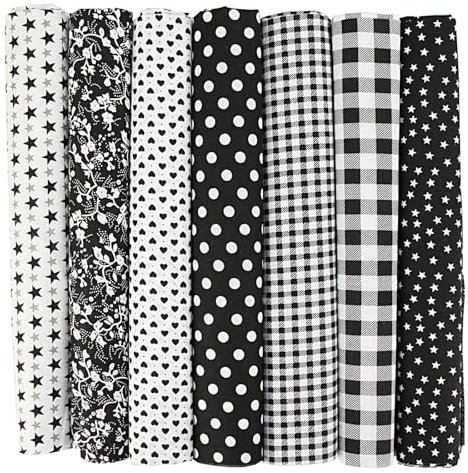 7er Set Baumwollstoff 25x25cm – Stoffe zum Nähen, Patchwork Stoffe, Stoffreste – DIY Stoff für Basteln, Quilten, Deko & Puppenkleidung – 100 % Baumwolle, Verschiedene Designs (Schwarz, 25x25cm)