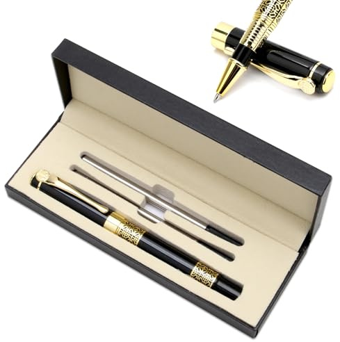 Luxury Metal Rollerball Pen Set 0.5mm Business Ballpoint Pen Gift with Gift Box Extra 2 Ink Refills Fancy Nice Writing Pens Personalised Ball Pens for Men Women Office Professional Executive, Black