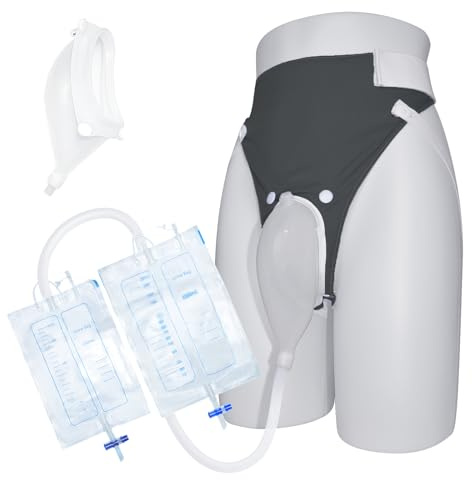 Wearable Urine Collector with Soft Cotton Fixing Pants Reusable Silicone Capsule and Urinary Drainage Bag Set with 2000ml Night Bag 1000ml Day Bag and 1.2M Catheter for Daily Use, Elderly Grey