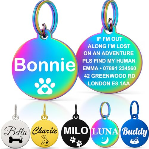 Personalised Dog Tags for Pets UK Prime, Deep Engraved Cat Dog Name ID Tags, Stainless Steel Pet Tag for Doggy Kitten Kitty Puppy, Scratch Resistant Tag (Multicolour Round, L)
