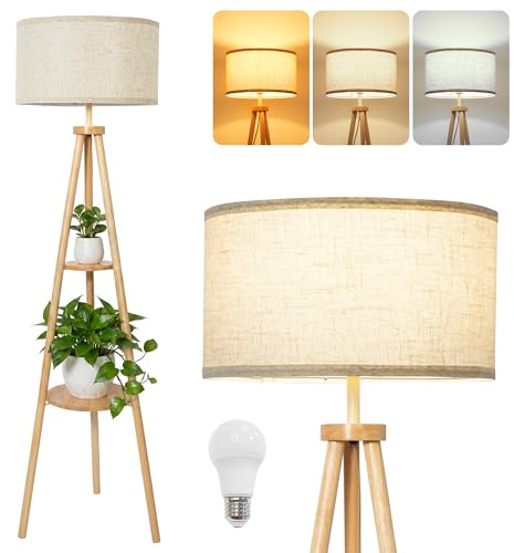 LuminexDesigns Tripod-Stehlampe aus Holz mit 2 Ablagen, Boho Stehleuchte im skandinavischen Stil, beiger Stoffschirm, E27, Fußschalter, 154 cm hoch, für Wohnzimmer Schlafzimmer Ecke