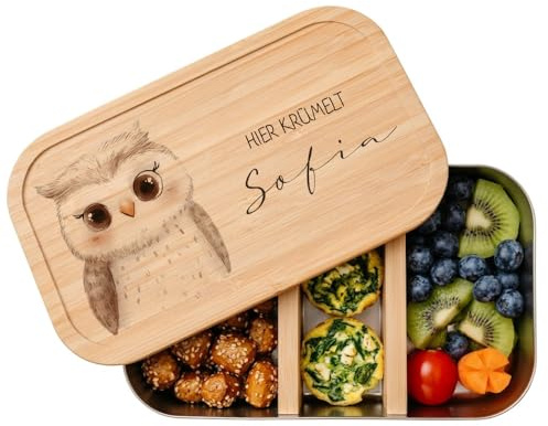 Manufaktur Liebevoll Personalisierte Brotdose mit Namen für Kinder Lunchbox Waldtiere Frühstücksdose Kindergarten Schule Einschulung Mädchen Jungen 2 Größen (Eule, Edelstahl | Größe S (18x10x5cm))