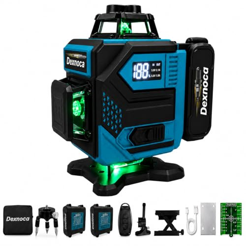 Dexnoca 16 Linien Laser Wasserwaage, 2x8000mAh Akkus, 4 x 360° Grüner Strahl Selbstnivellierendes Kreuzlinienwerkzeug für Fliesenverlegung, Heimwerkerarbeiten