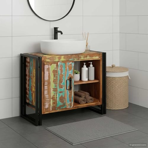 Ziaphsol Meuble sous lavabo en bois massif recyclé, multicolore, 71 x 33 x 58 cm, cadre en fer, 1 porte, 1 étagère, espace de rangement pour salle de bain, WC d'invités, buanderie, intérieur