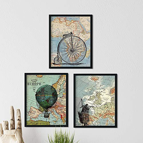 Nacnic Set von 3 Bildern Reisen um die Welt. Poster mit Kartenbildern. Größe 24x30cm ohne Rahmen.