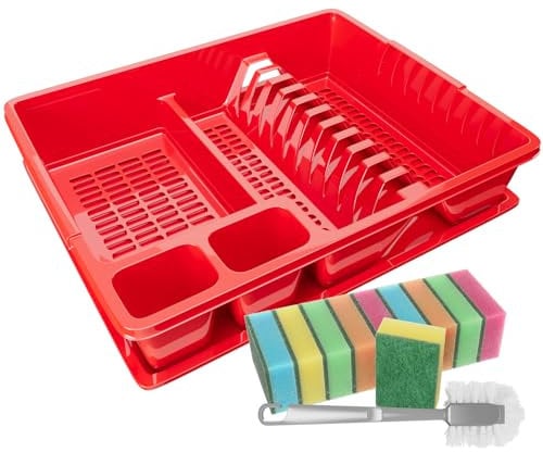 WELLGRO Abtropfgestell aus Kunststoff mit Reinigungsbürste und 10 Schwämmen - 44x35x9 cm (LxBxH) - Schale Geschirrkorb Abtropfkorb Abtropfgitter für Spüle Made in Europe, Farbe:Rot